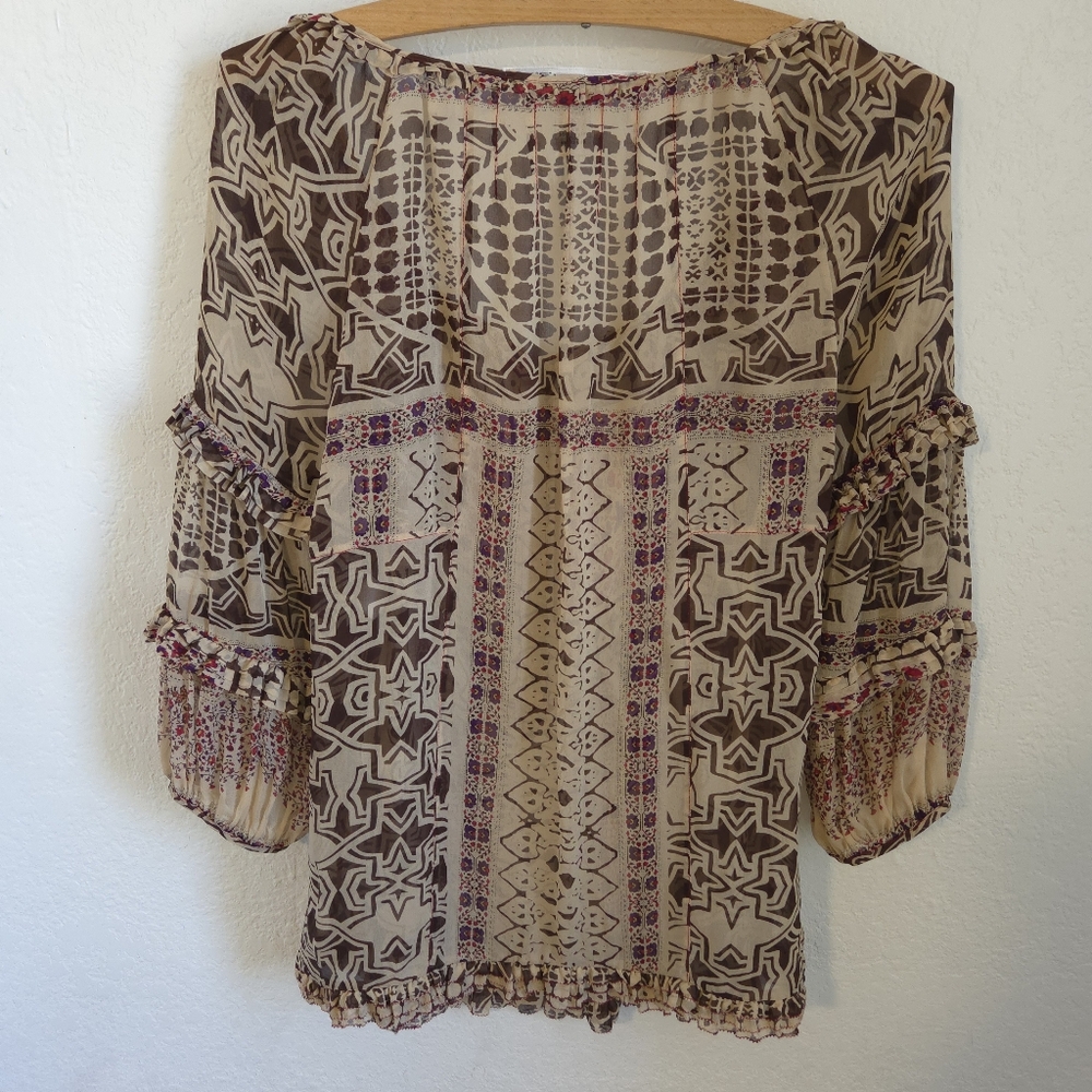 Diane Von Furstenberg Womens Ruffle Blouse 100% Silk Geometric BrownCream Size 0 - Picture 4 of 15